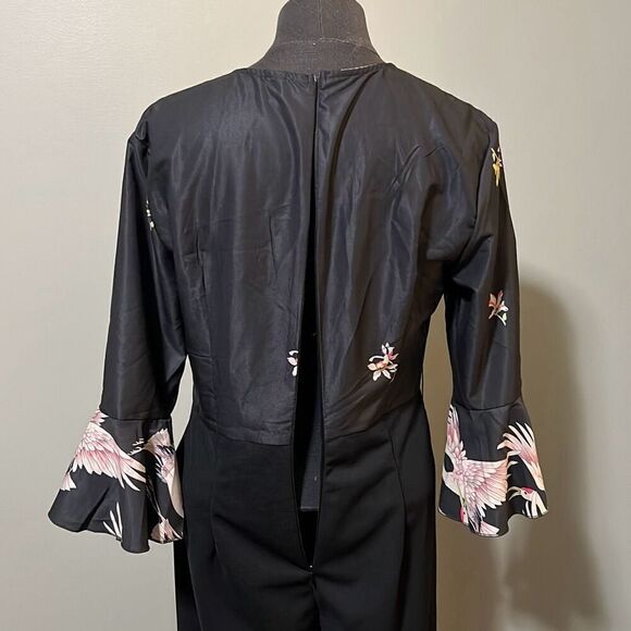Vintage Women's Black Crane Print Bell Sleeve Jumpsuit - Picture 9 of 12